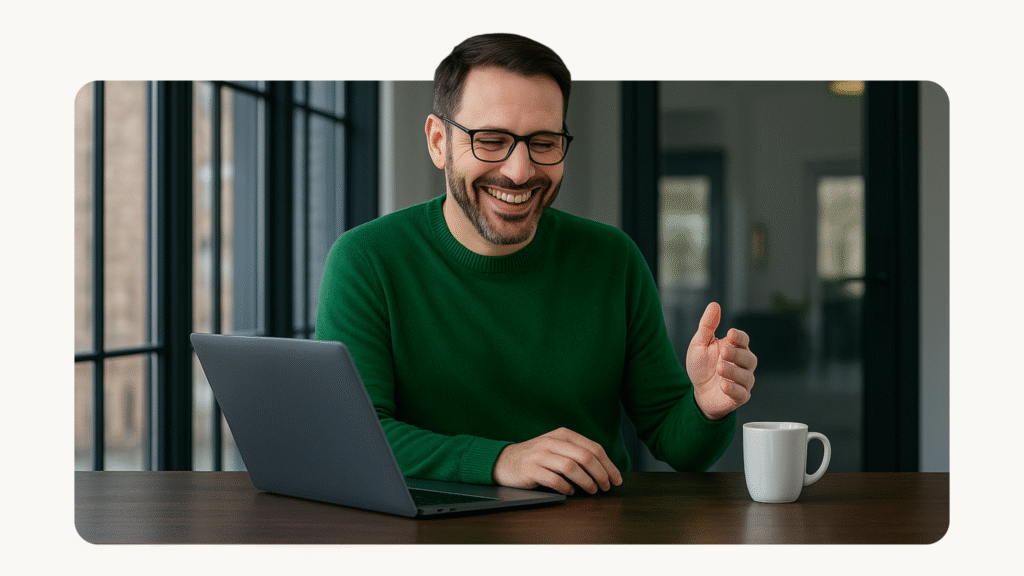 Homem sorrindo com um notebook