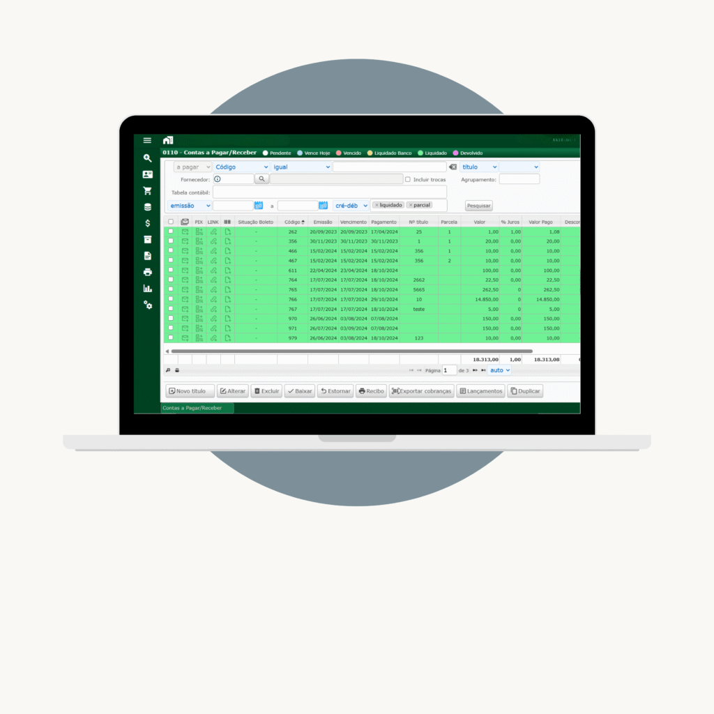 Notebook mostrando o financeiro do sistema